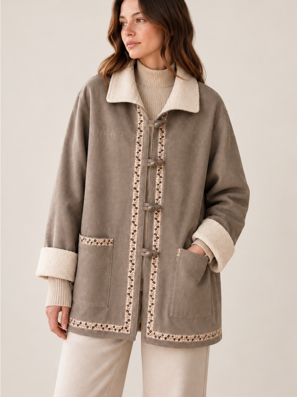 Alfred Dunner Faux Suede Toggle Jacket Coat Tan Beige Size 18 Quiet Luxury